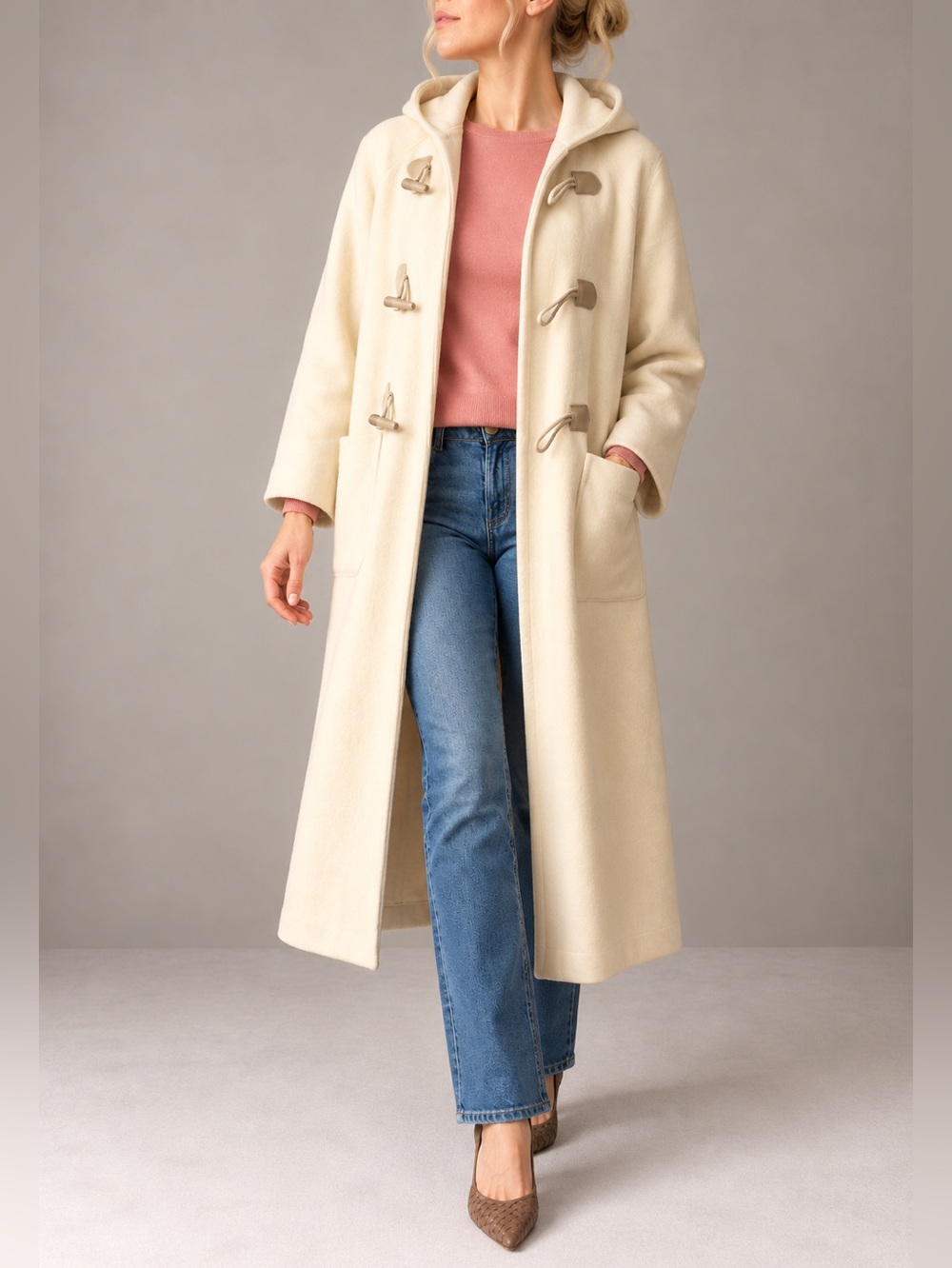 Cream Hooded Italian designer D’Errico Virgin Wool Toggle Coat - Long